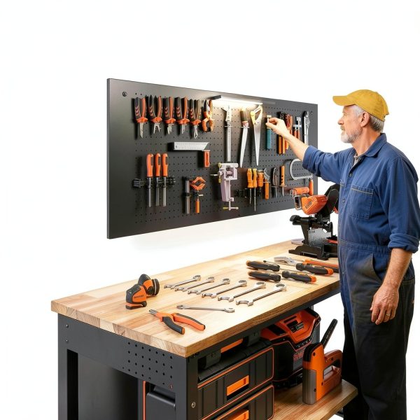 60" Work Bench Adjustable Height with Storage Shelf, Max Load 2000 LBS Heavy Duty Rubberwood Tabletop with Pegboard, LED Light, Built-in Power Strip for Woodworking Shop, Garage, Home-3