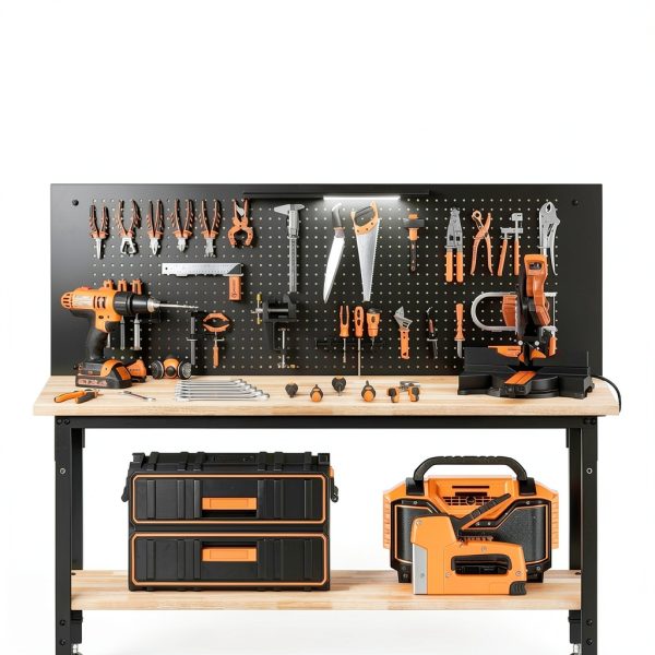 60" Work Bench Adjustable Height with Storage Shelf, Max Load 2000 LBS Heavy Duty Rubberwood Tabletop with Pegboard, LED Light, Built-in Power Strip for Woodworking Shop, Garage, Home-4