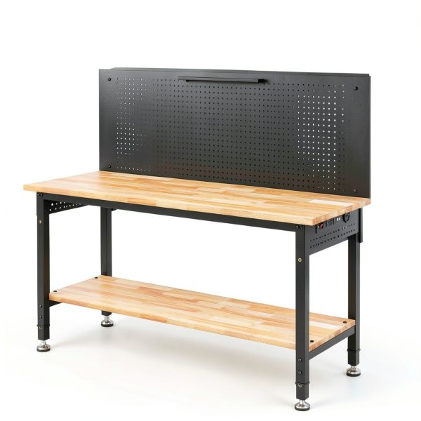 60" Work Bench Adjustable Height with Storage Shelf, Max Load 2000 LBS Heavy Duty Rubberwood Tabletop with Pegboard, LED Light, Built-in Power Strip for Woodworking Shop, Garage, Home-7