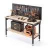 60" Work Bench Adjustable Height with Storage Shelf, Max Load 2000 LBS Heavy Duty Rubberwood Tabletop with Pegboard, LED Light, Built-in Power Strip for Woodworking Shop, Garage, Home-1