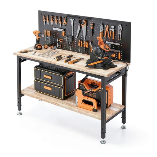 60" Work Bench Adjustable Height with Storage Shelf, Max Load 2000 LBS Heavy Duty Rubberwood Tabletop with Pegboard, LED Light, Built-in Power Strip for Woodworking Shop, Garage, Home-1