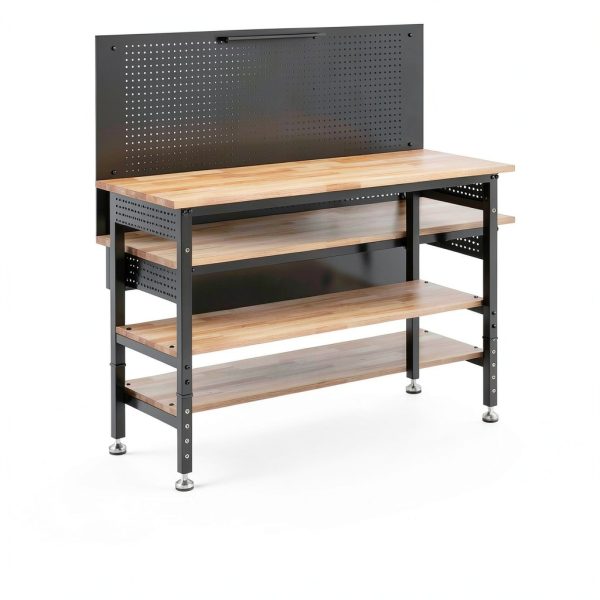 60" Work Bench Adjustable Height with Storage Shelf, Max Load 2000 LBS Heavy Duty Rubberwood Tabletop with Pegboard, LED Light, Built-in Power Strip for Woodworking Shop, Garage, Home-6