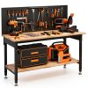 60" Work Bench Adjustable Height with Storage Shelf, Max Load 2000 LBS Heavy Duty Rubberwood Tabletop with Pegboard, LED Light, Built-in Power Strip for Woodworking Shop, Garage, Home-0