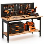 60" Work Bench Adjustable Height with Storage Shelf, Max Load 2000 LBS Heavy Duty Rubberwood Tabletop with Pegboard, LED Light, Built-in Power Strip for Woodworking Shop, Garage, Home-0