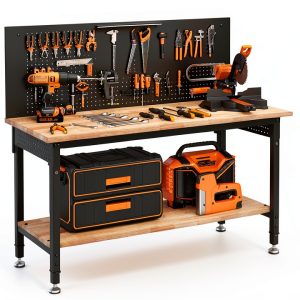 60" Work Bench Adjustable Height with Storage Shelf, Max Load 2000 LBS Heavy Duty Rubberwood Tabletop with Pegboard, LED Light, Built-in Power Strip for Woodworking Shop, Garage, Home-0
