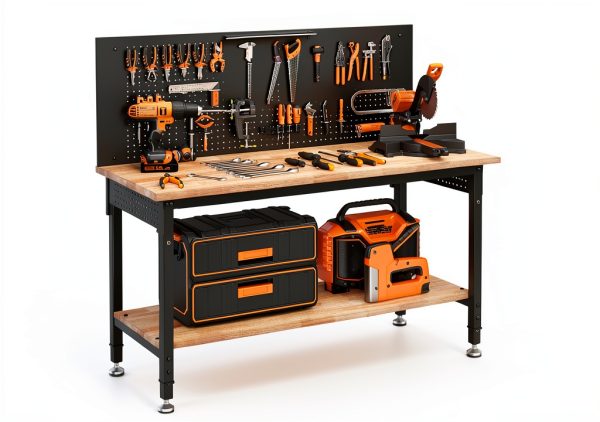 60" Work Bench Adjustable Height with Storage Shelf, Max Load 2000 LBS Heavy Duty Rubberwood Tabletop with Pegboard, LED Light, Built-in Power Strip for Woodworking Shop, Garage, Home-0
