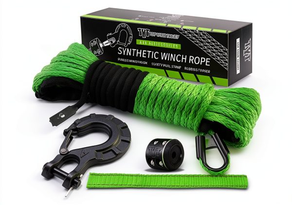 Synthetic Winch Rope Kit TYT 1/4" x 50' Green with Hook & Safety Strap-0