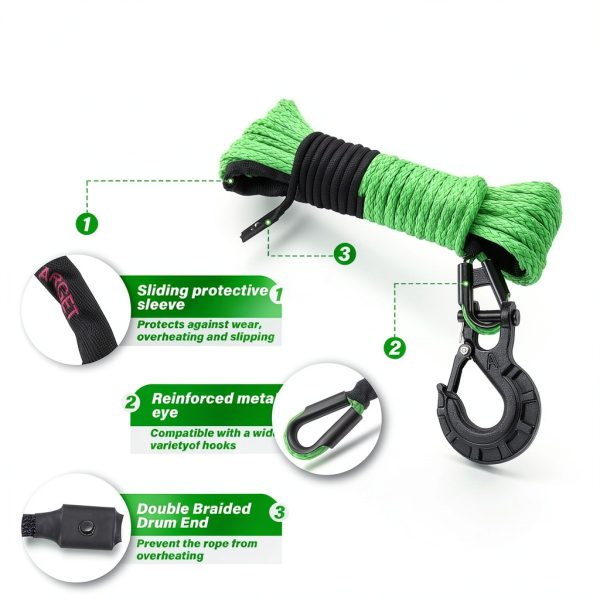 Synthetic Winch Rope Kit TYT 1/4" x 50' Green with Hook & Safety Strap-2
